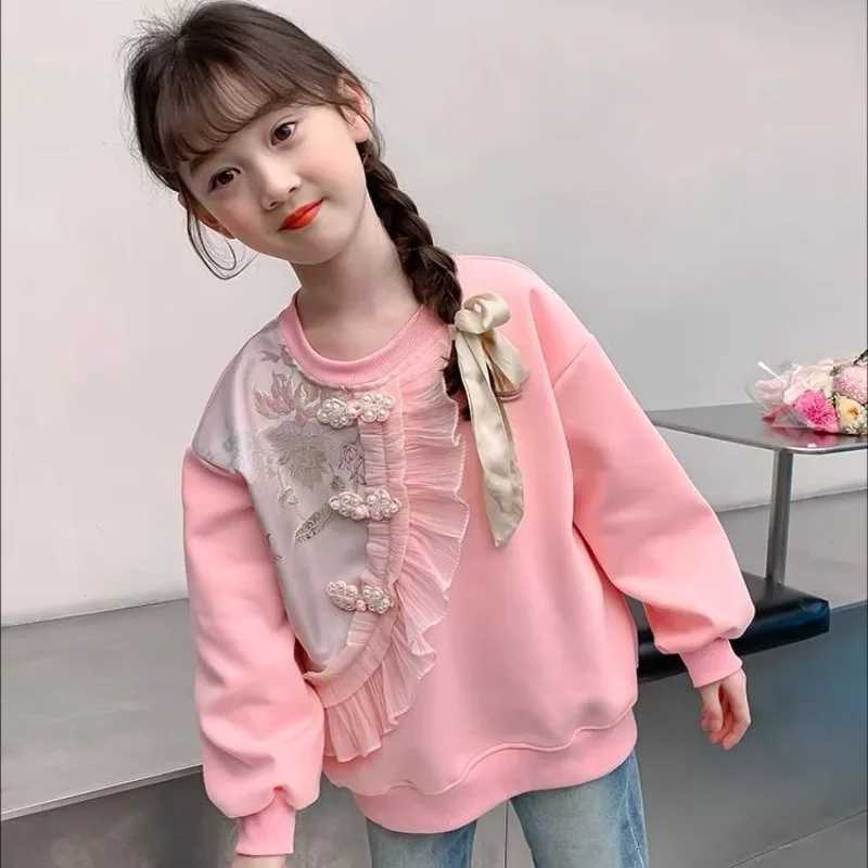 New Girls' Big Kids 2025 Spring/Autumn Slish Sweet Chinese Sle Plover Knitted Long Sle SweatshirtW260917