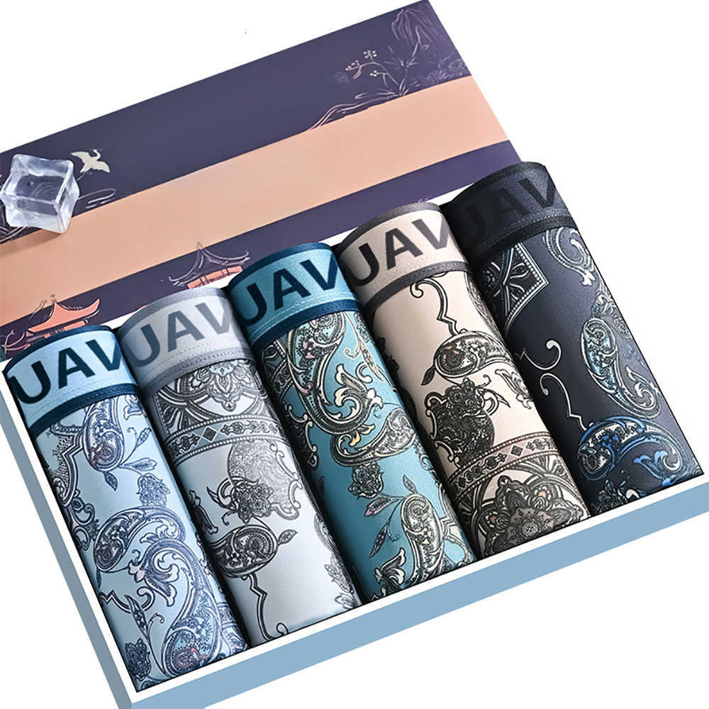 5pcs/set Men's Chinese-style Ice Underpants Silk Underwear Fashion Men Panties Breathable Plus-size Anti-bacterial Printed Men Underpant D26091