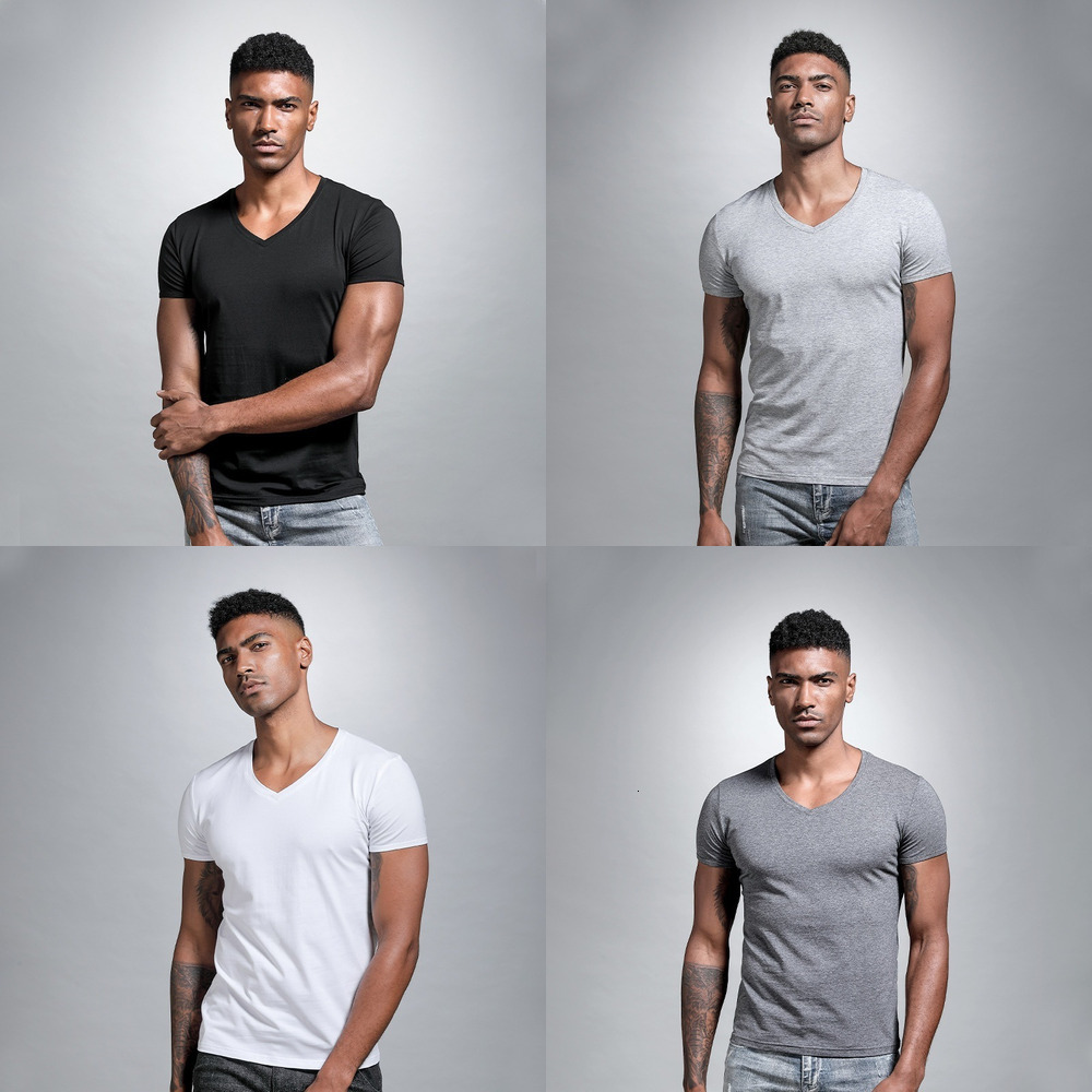 Wholesale summer solid color V-neck white T-shirt, slim-fit base shirt for men, short-sleeved heart-neck white T-shirt, slim-fit base layer 2026