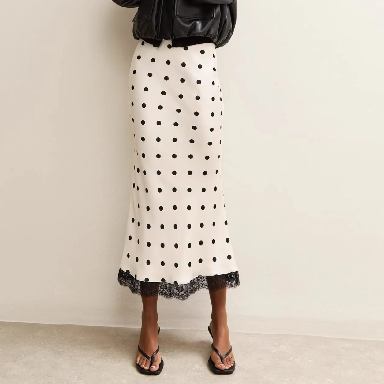 Elegant Polka Dot Skirt For Women Casual High Waist Satin Silk Patchwork Lace Midi Skirts 2026 Y2k Vintage Female Streetwear 260917