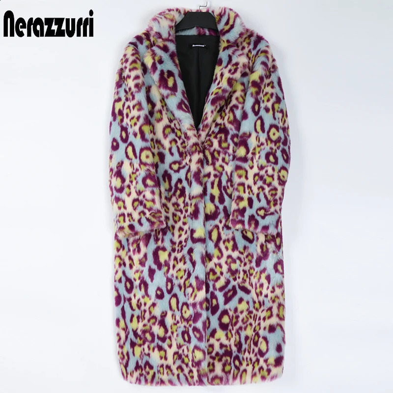 Nerazzurri Multicolor Long Colorful Leopard Print Faux Fur Coat Women Warm Thick Womens Fashions Winter Clothes 5xl 6xl 7xl 260917