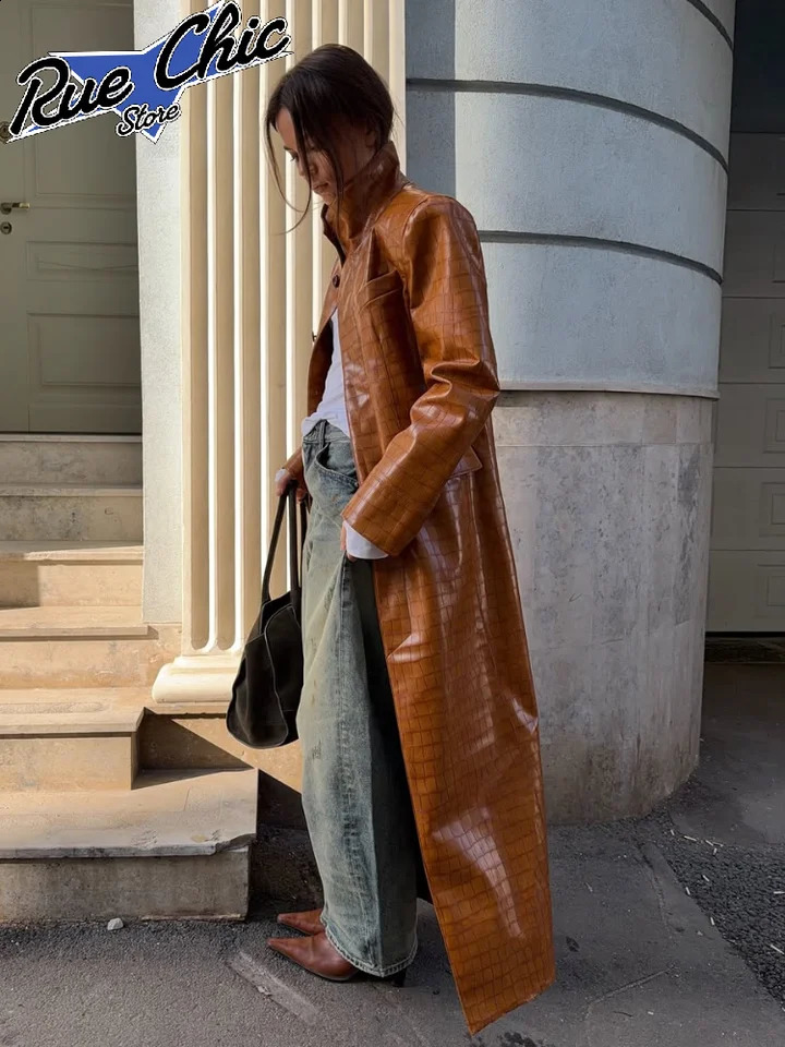 Embossed Faux Leather Trench Coats Women Chic Lapel Single Breasted Straight Long Front Pockets Jackets Vintage Autumn Winter 260918