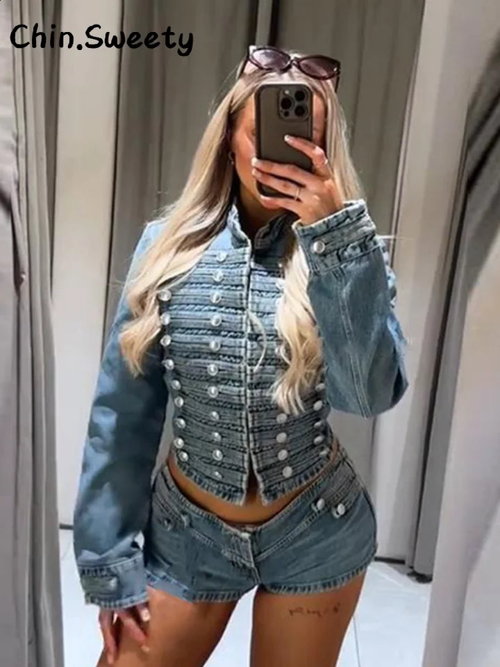 Casual Women's Cropped Denim Napoleon Jacket Shorts Set stand Collar Hidden Buckle Jackets High Waist Short Pant 2026 Lady Suit 260917