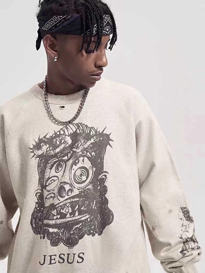 Hand Vintage Long Sleeve Washed Drawn Graffiti Printed Cotton Retro Round Neck Fleece Hoodie High Street Casual Loose Trendy C26091511