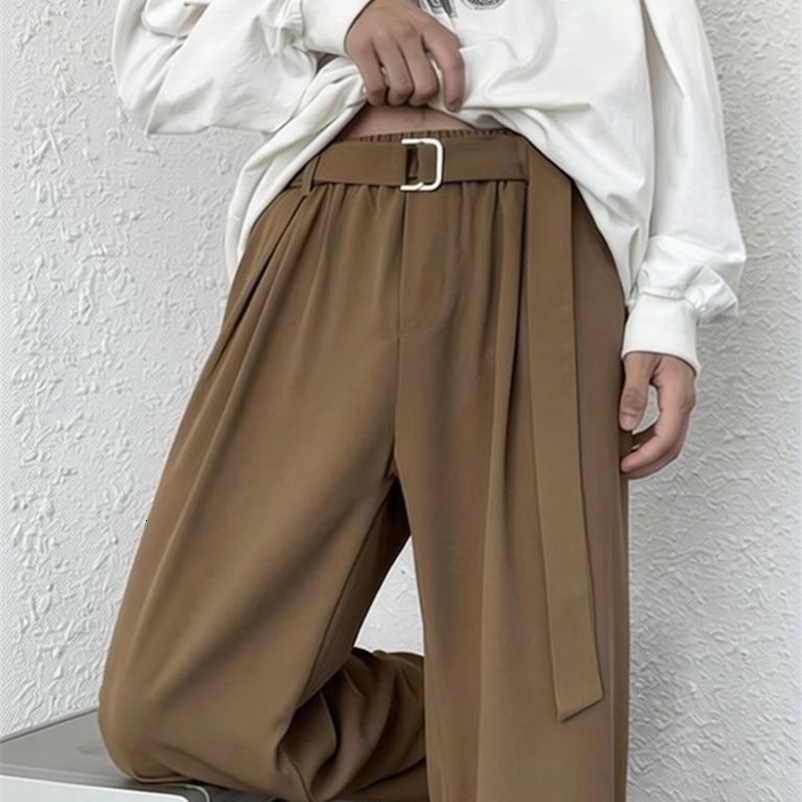 Brown Korean Wide leg Casual Pants With Belted Men Streetwear Oversize Baggy Pants Harajuku Cool Black Suit Pants 260917