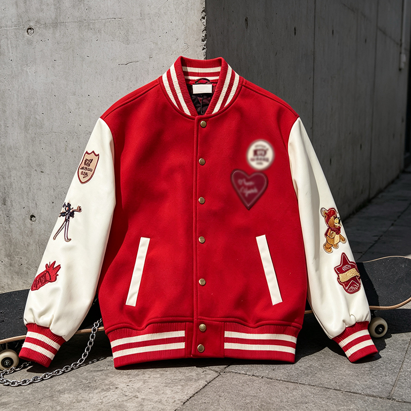Red and white leather sleeve patchwork American retro embroidered baseball jersey exquisite multi embroidered badges contrasting baseball collar