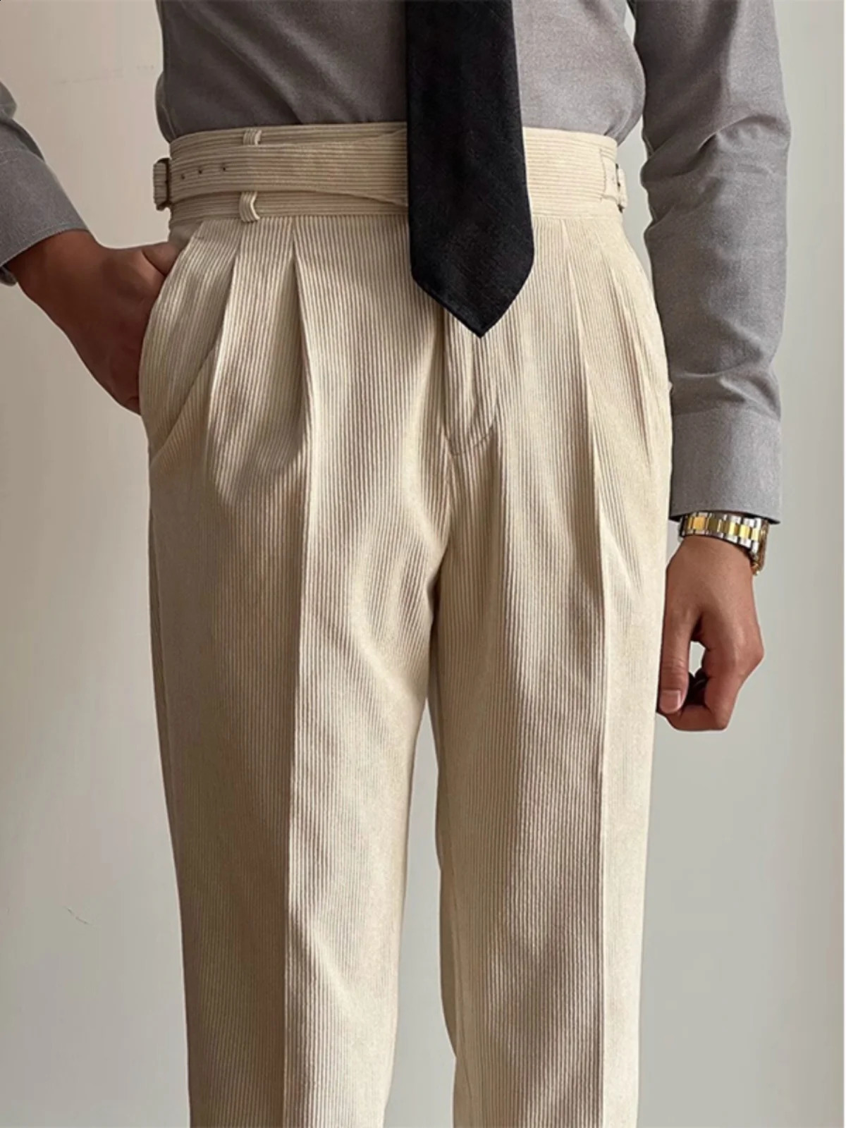 High Waist Straight Leg Men's Vintage Corduroy Warm Trousers Autumn Winter Casual Business Style Long Pants for Youth 260917