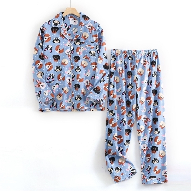 Men's Cartoon Dog Print Pajama Set 100% Brushed Cotton Long Sleeve Sleepwear Spring Winter Homewear Plus Size Male Loungewear 260917