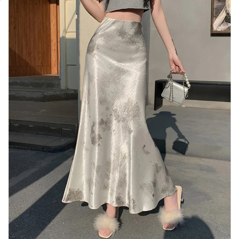 Seoulish High Waist Vintage Ink Printed Women's Satin Mermaid Long Skirts 2026 Summer Korean Casual Fishtail Skirts Female 260917