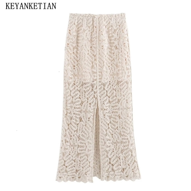 KEYANKETIAN Women's Hollow out Crocheted Knitted Skirt Bohemian Zipper High waist Front Slit Hip MIDI Thin 260917