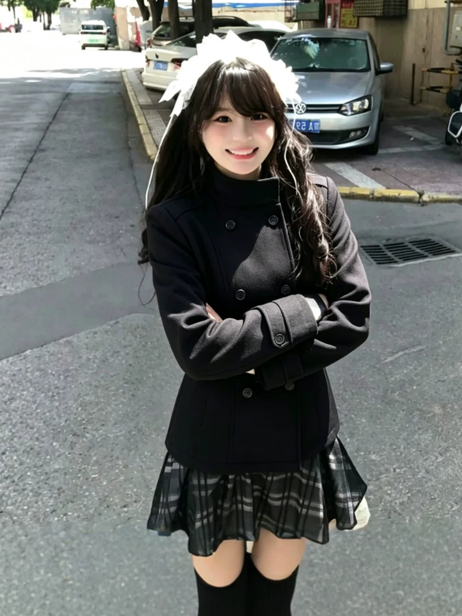 2026 new retro college-style Japanese girl double-breasted stand-up collar black wool coat for women, autumn and winter B 8b