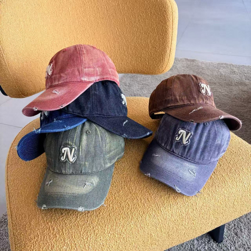 Spring Autumn New European And American Trendy Fashion Simple Denim Baseball Cap With Vintage Distressed N Letter Embroidery Luxury Cap Brand Design