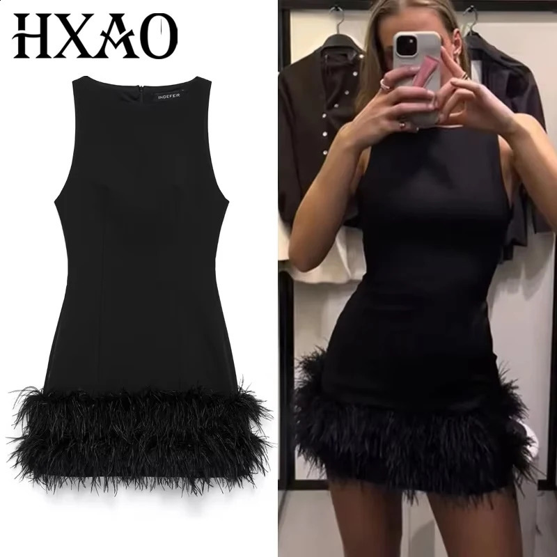 HXAO Womens Dresses Feather Black Dresses Women Sleeveless Short Dresses Female Solid Slim Spandex Sexy Dress Christmas Vestidos 260918
