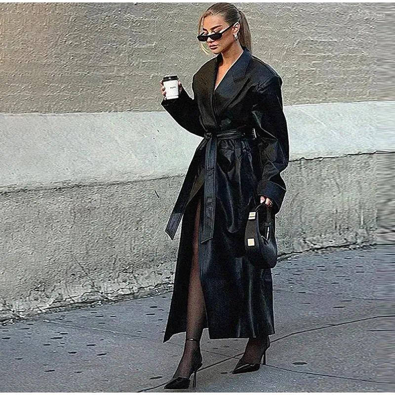 Stylish Foreign High-end Suit Collar Leather Jacket Spring Summer Cool Sa Waist Medium And Long Women