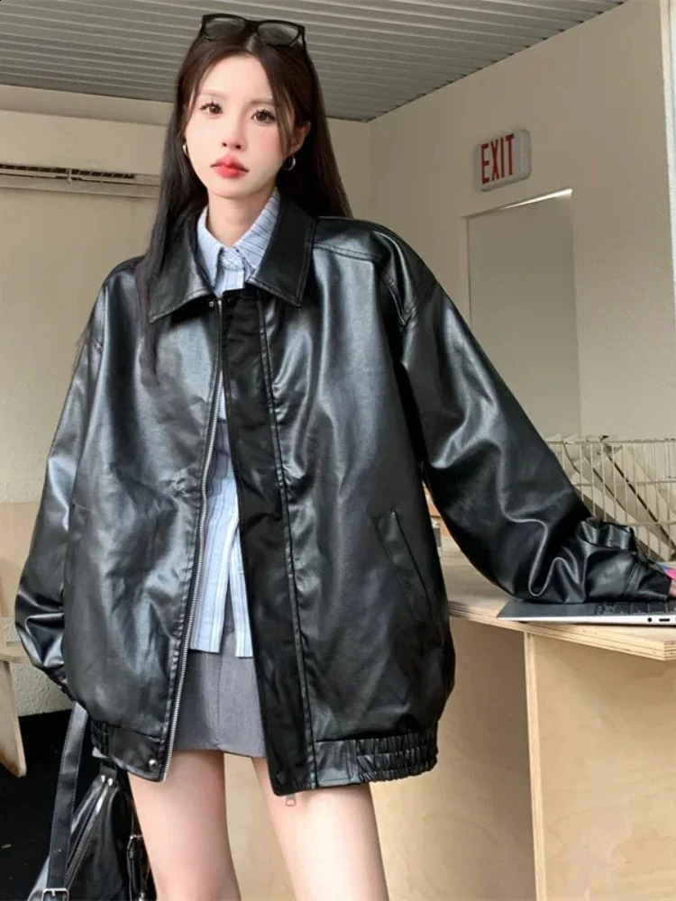 Women Faux Leather Jacket American Vintage Solid Pu Loose Casual Outwear Streetwear Coats Woman 260917