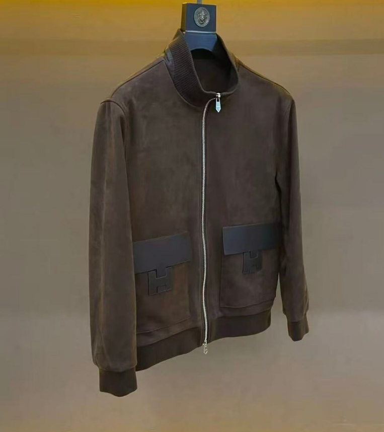 Autumn Winter Retro Men Zip Up Bomber Jackets Brown Matte Shell Jacket Leather-Trimmed Flap Pockets Metal Letter Clasp Stand Collar Smart Casual Coa