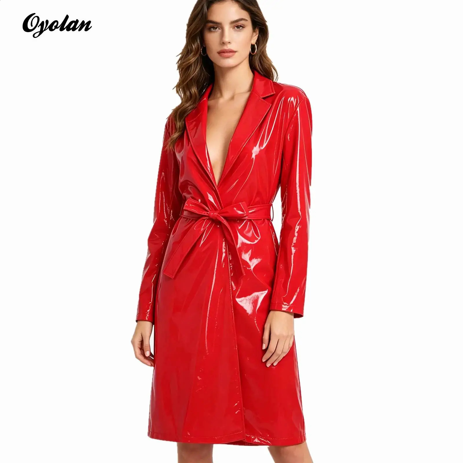 Adults Womens Long Trench Coat Blazer Clubwear Lapel Glossy Open Front PU Leather Long Jackets with Belt Overcoat Streetwear 260918