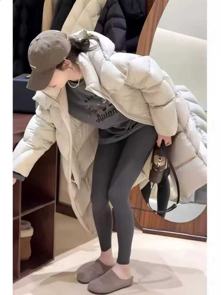 Puffy White Down Cotton Jacket Women's Thicken Warm Winter Parkas Long Outerwear Korean Long Sleeves Zipper Casual Bread Coat H2609171