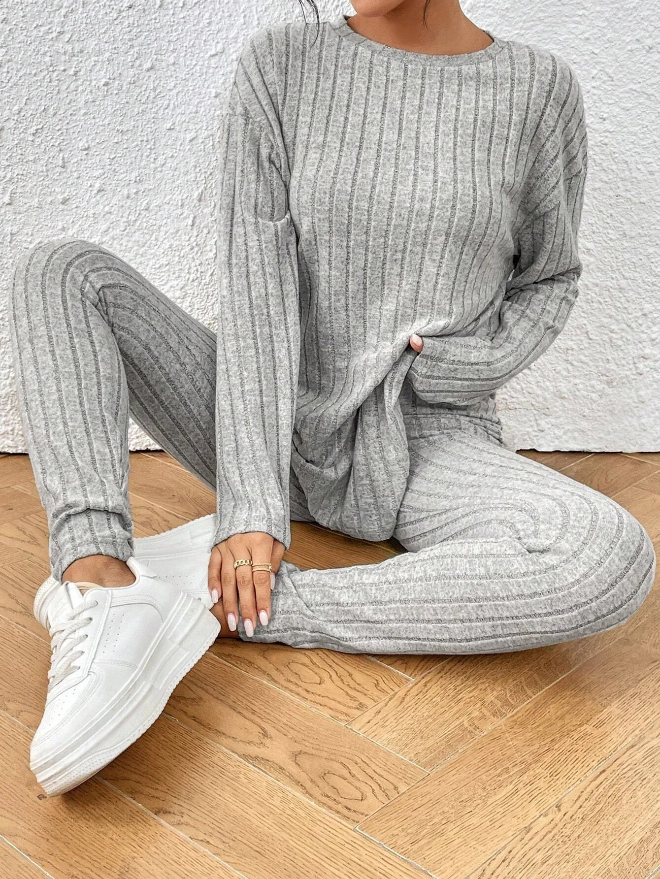 Fashionable Casual Drop Shoulder Ribbed Knit T-Shirt And Leggings Set 260917