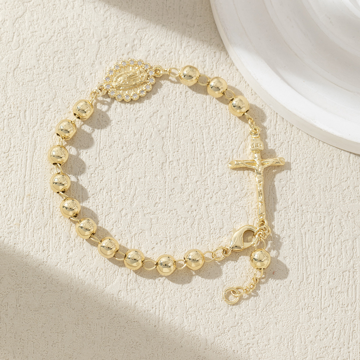 European And American Cross Pendant Micro-Inlaid Bead Chain With Diamonds For Women, Copper Gold Bracelet, High-End Gift Jewelry, Artistic Retro