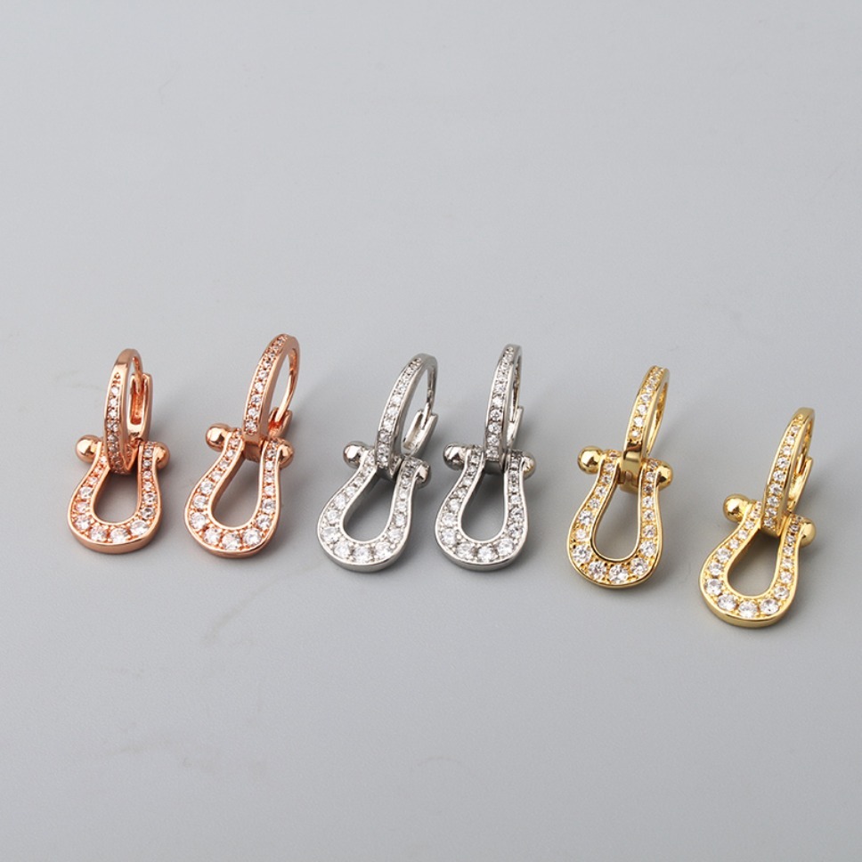 Designer Horseshoe Buckle Jewelry Set Inlaid Clear Rhinestone Bangle Necklace Drop Earring Elegant Women Fashion Jewelry Gifts