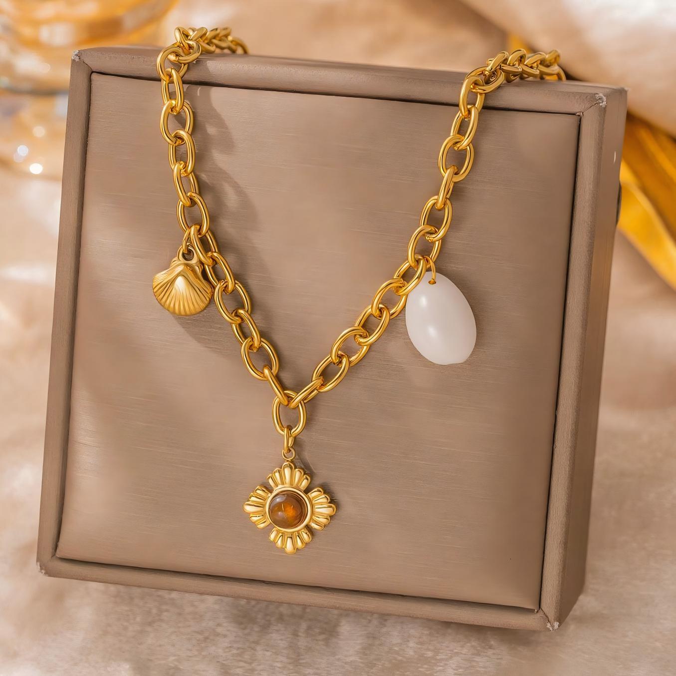 18K gold-plated stainless steel necklace with shell and jade sunflower pendant, light luxury versatile non-fading jewelry