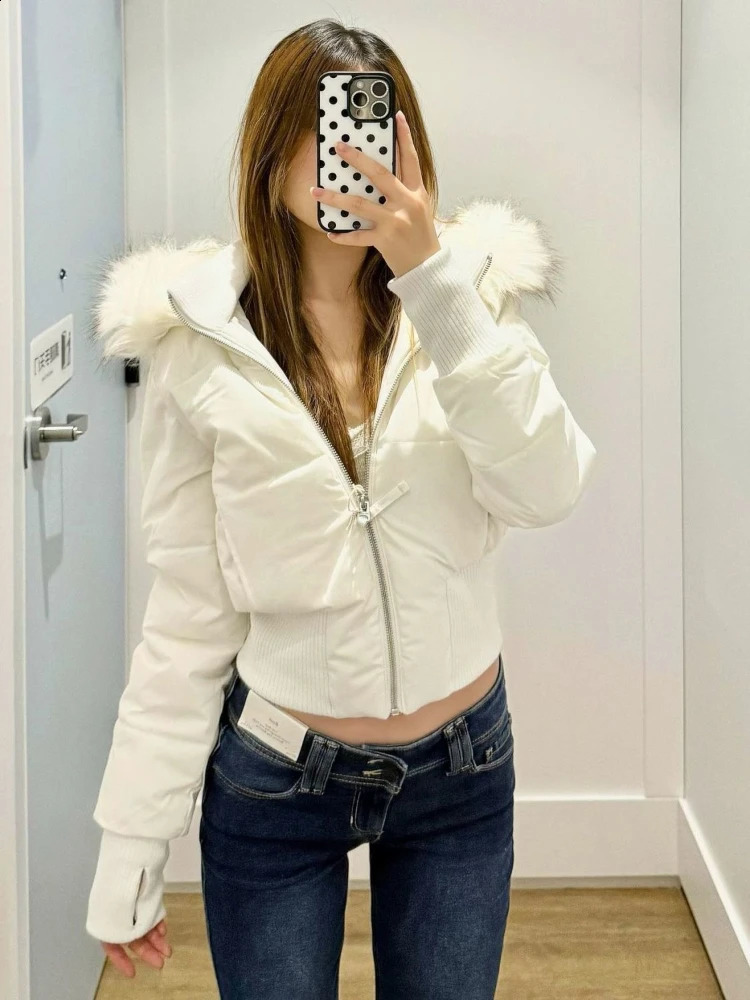 Aesthetic Vintage Short Zipper Padded Coat Women Winter n Long Sleeve Fur Collar Outerwear Casual Retro Down Jacket 260918