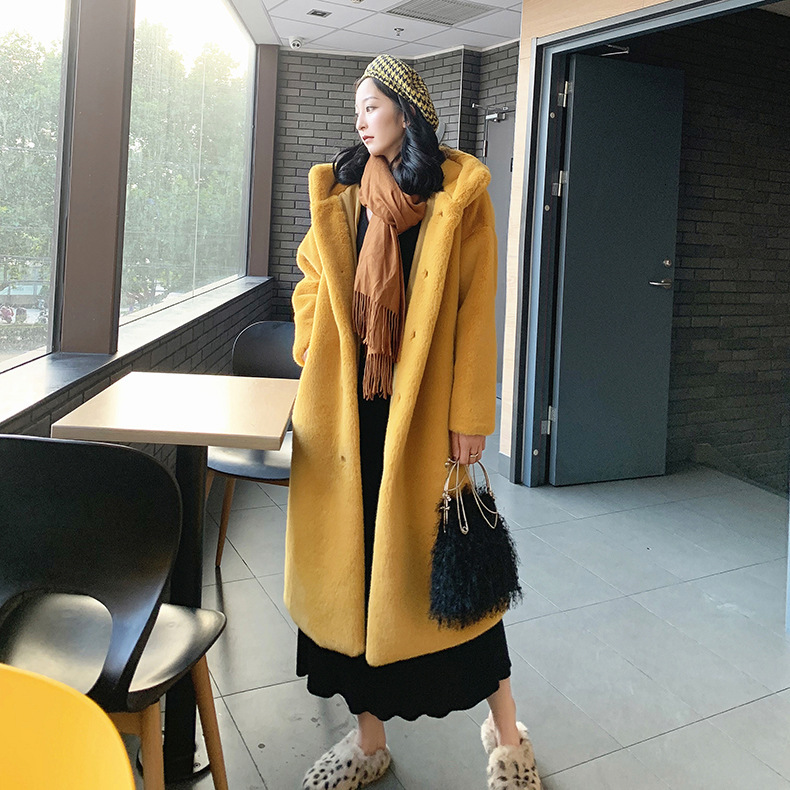 Autumn Winter Thick Loose Plush Hooded Long Overcoat For Women Fashion Outerwear For Daily Shopping Hangout Weekend Trips And Ordinary Casual Occasi