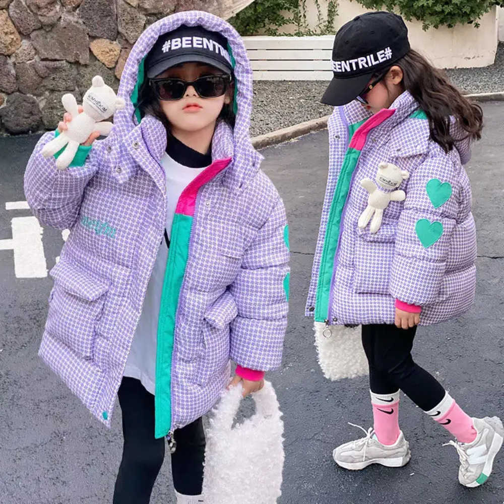 2024 -30 Teen Girls Jacket Winter Lattice Print Lining Plush Thick Keep Warm Hooded Parkas For 4-12Y Kids Down Cotton OvercoatW260917