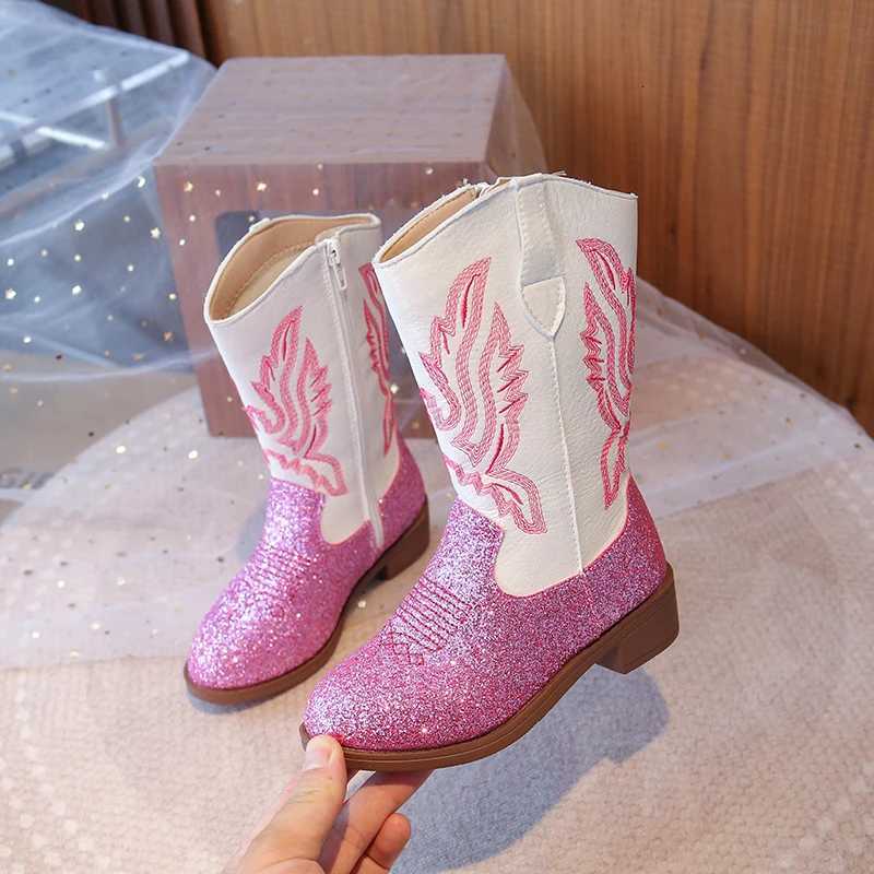 Kids Girls Pink Glitter Western Cowboy Boots Embroidered Design Side Zipper Non-slip Sole for Dress-up Casual Wear X260917