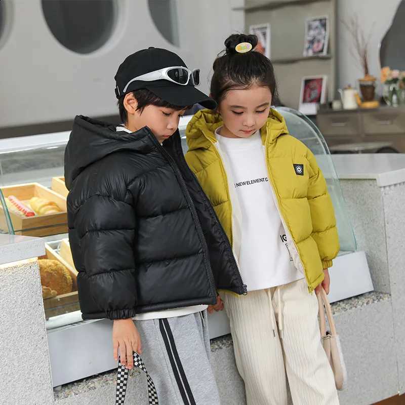 Autumn Winter Girls Boys Jacket Solid Color Lining Plush Thick Warm Hooded Zipper Coat For 3-10Y Kids Cotton Down Casual ParkasQ260917