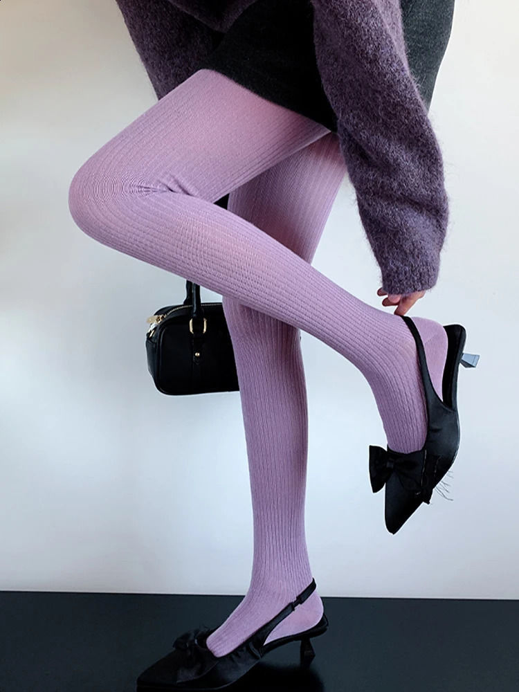 y2k Girls Knitted Striped Tights Women Autumn Winter Basic Casual Streetwear Pantyhose Stocking For Women 260917