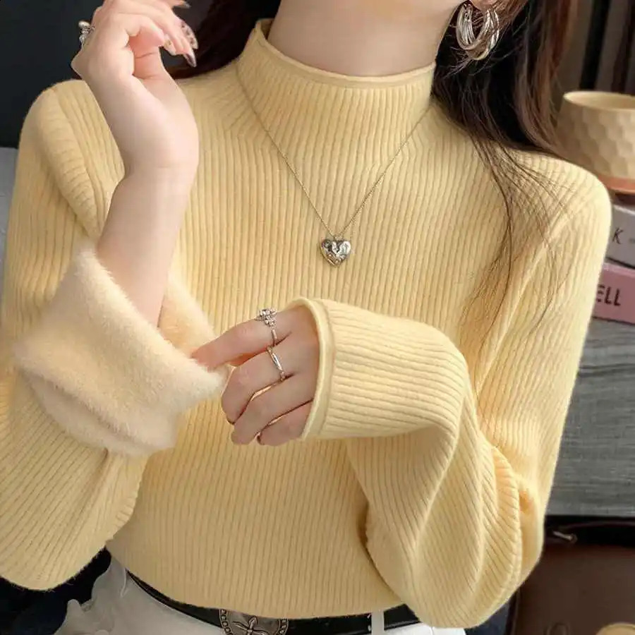 One-piece Mink Velvet Turtleneck Velvet Thickened Sweater Women's Warm Inner Velvet Knitted Bottoming Shirt Pullover Slim Jumper 260917