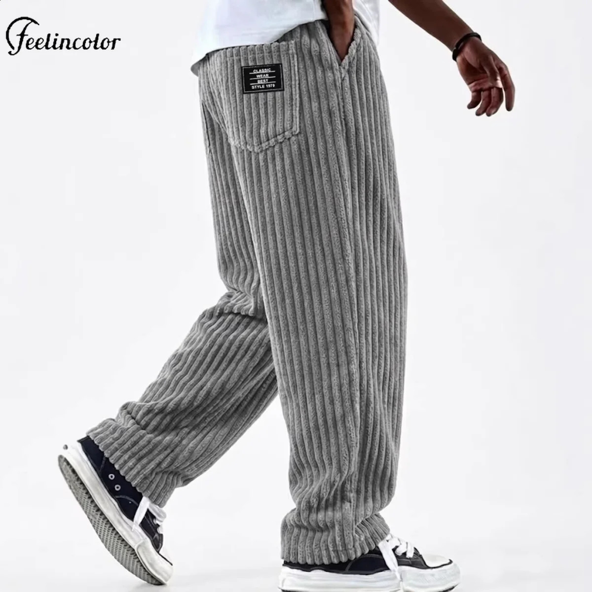Retro Vertical Striped Men's Pants Corduroy Autumn Casual Pocket Trousers Loose Straight Bottoms Fashion Sports Male Clothing 260917