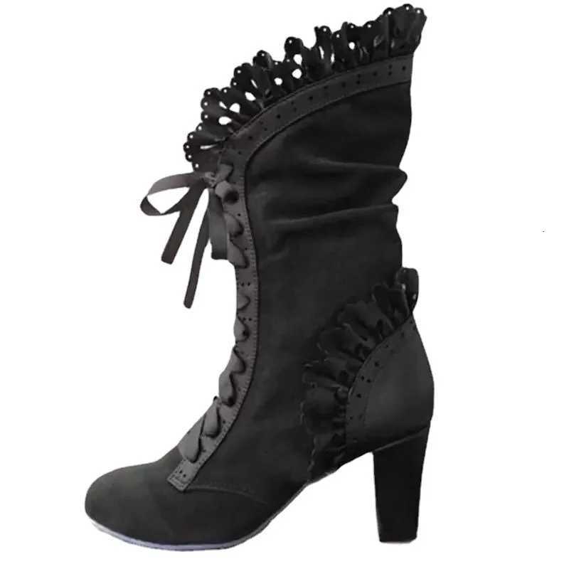 Ladies Up Winter High Lace Heel Shoes Motocycle Boot Victorian Boots Women fashion Pointed Toe Thick Soled Short Boot 2024 D2609171