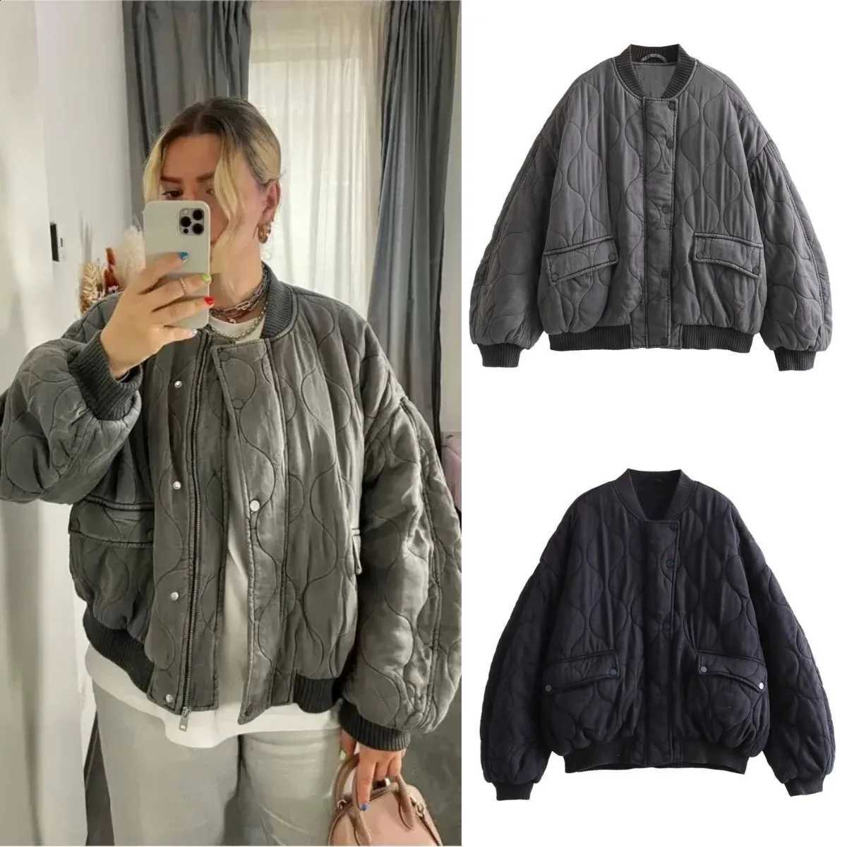 ETJ 2025 Women's New fashion vintage wash made old Lyocell quilted cotton-padded jacket loose version bomber jacket H260917