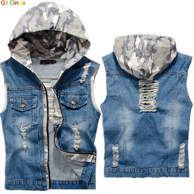 Men's Sleeveless Hooded Denim Jacket for Spring and Fall; Blue Single-breasted Distressed Ves260917