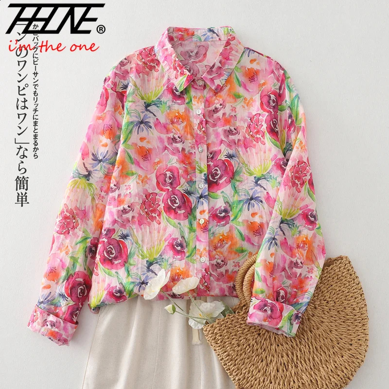 THHONE Spring Elegant Woman Blouse Blusa Mujer Camisas Single Breasted Loose Print Vintage Casual Women's Clothing Shirts 260917