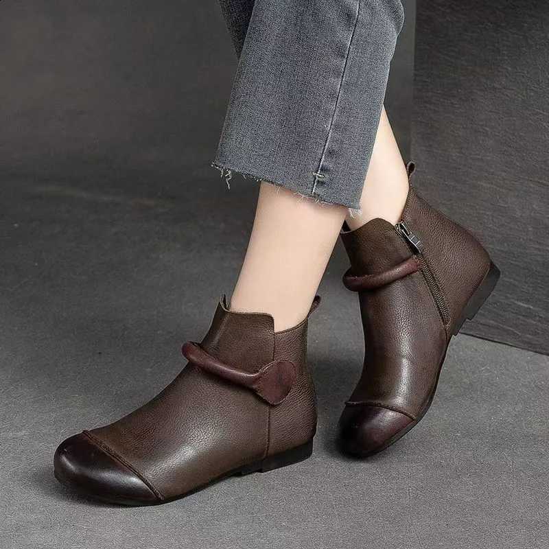 Ankle Short Boots Women 2024 Autumn Winter Faux Cow Leather Slip-on Shoes Handmade Round Toe Light Weight Flat Booties D2609161