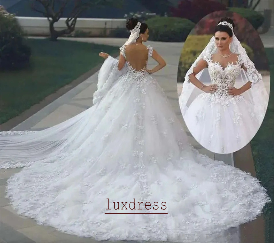 Luxury Princess Ball Gown Wedding Dresses 3D Floral Lace Applique Royal Train Bridal Gowns Arabic Backless Vestido De Noiva