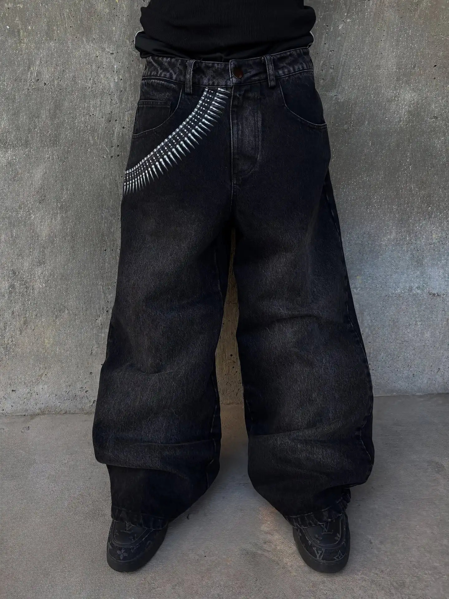 Y2K Baggy Tactical Jeans Men Punk Bullet Chain Print Washed Jean Retro High Street Jeans Hip Hop Men Casual Wide Leg Denim Pants 260918