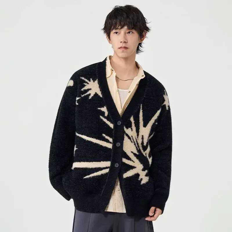 2025 Autumn and Winter New Men's Printed Cardigan Sweater British Style V-neck Knitted Long Sleeved Jacket for Teenagers S260918G0RU
