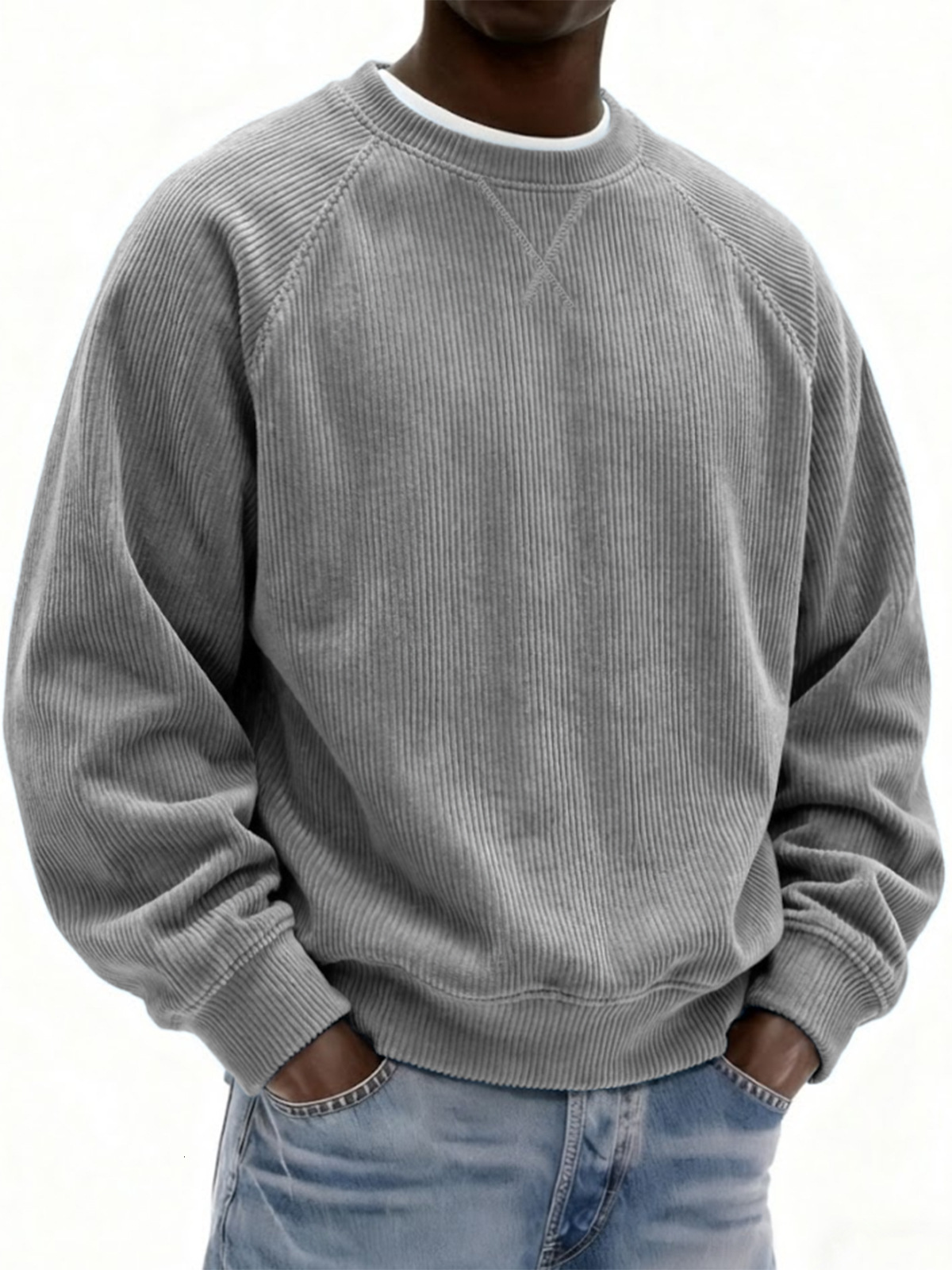 2025 Fall/Winter New and Style Men's Loose Round Neck Corduroy Sweatshirt Pullover Long Sleeve Casual Top