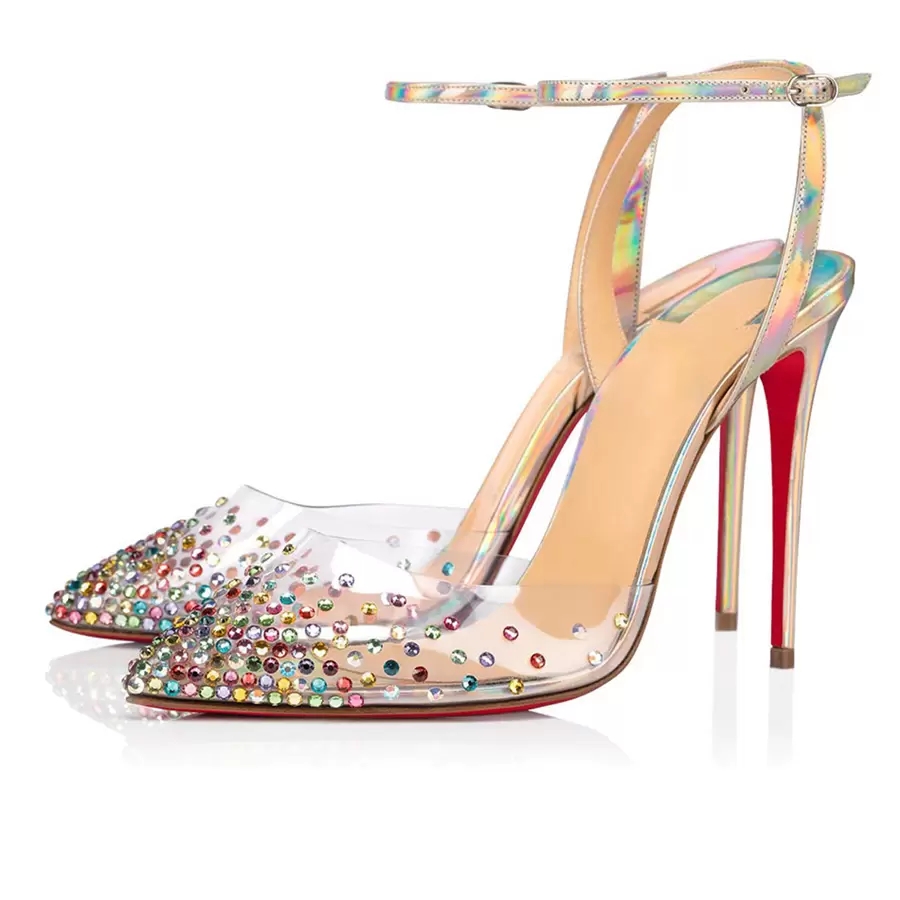 Luxury Women's Red Bottom Sandals Pumps Spikaqueen 100 mm Fashion Summer Women Rhinestone Sexy Wedding Party Closed Pointed Toe Straps High Hee