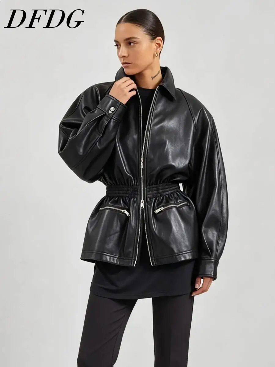 DFDG Women 2026 Spring Autumn Oversized Faux Leather Moto Jacket Lapel Collar Elastic Waist Zip Pocket Drop Shoulder Casual Coat 260918