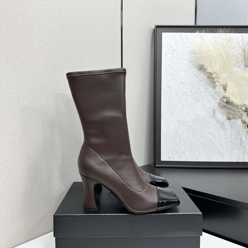 Women Square Patent Toe Mid Calf Boots Brown Stretch Leather Block Heel Sock Boots Elegant Daily Party Ankle Boots