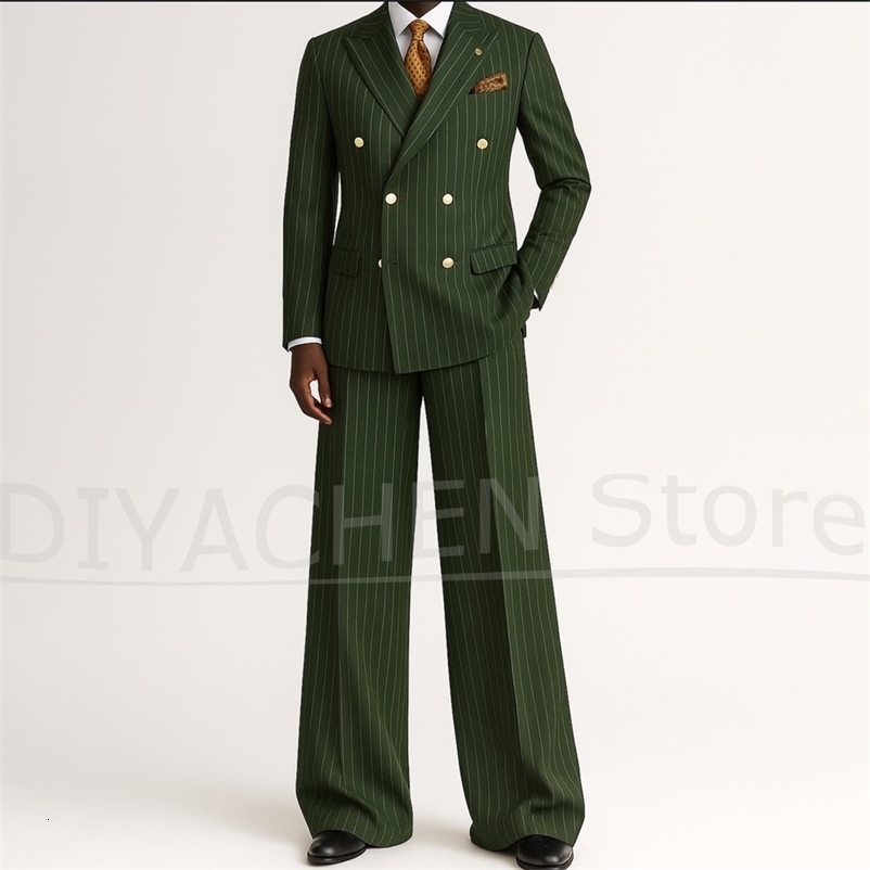 Men's Striped Double Breasted Suit Set Fashion Lapel Formal Outfits 2 Piece Wedding Business Events Casual Male Suit 260903