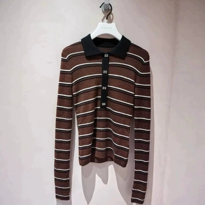 New Striped Sweater Women Long Sleeve Casual Autumn Winter Buttons Wool Blend High Strecth Jumper Women Mdng260918