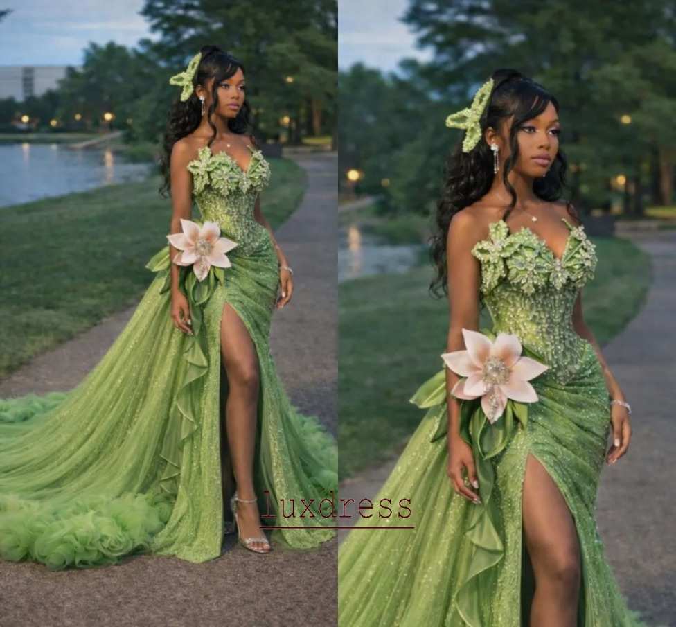 The Princess and the Frog Green Prom Evening Dresses For African Princess Sparkly Crystal Flower Sexy Split Black Girl Birthday Formal Gowns Recepti