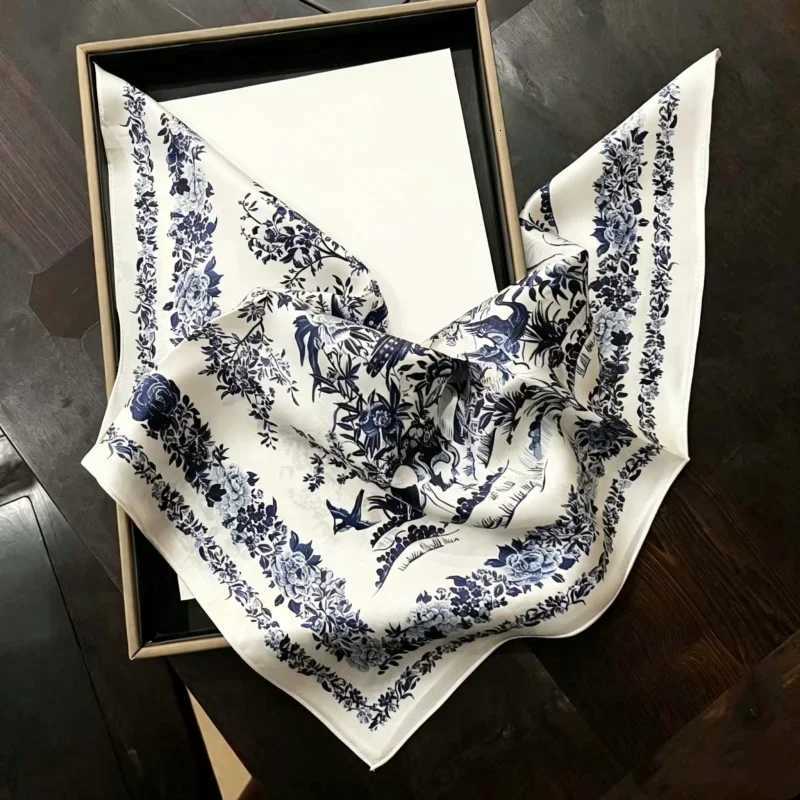 100% Mulberry Silk Oriental Floral Bird Print Satin Scarf Blue White Porcelain Neck Wrap Hair Tie Bag Ribbon Elegant Women X260917